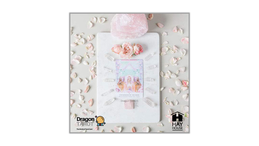 A white tarot card deck box with a pink rose and crystal arrangement on top, surrounded by scattered pink petals on a light gray background. The box features the Hay House logo on the bottom right and the Dragon Tarot logo on the bottom left.