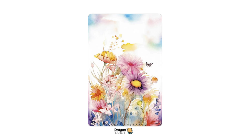 A Dragon Tarot card featuring a watercolor floral design with pink, purple, yellow, and orange flowers on a soft pastel background, shown against a plain white backdrop.