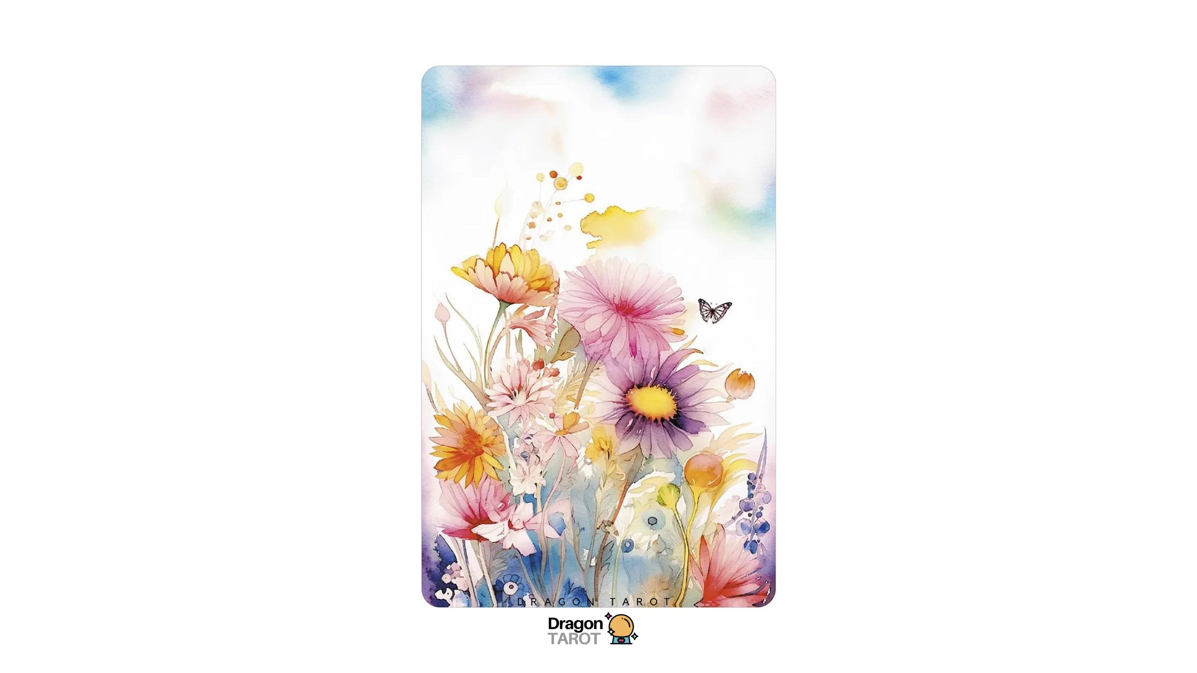 A Dragon Tarot card featuring a watercolor floral design with pink, purple, yellow, and orange flowers on a soft pastel background, shown against a plain white backdrop.