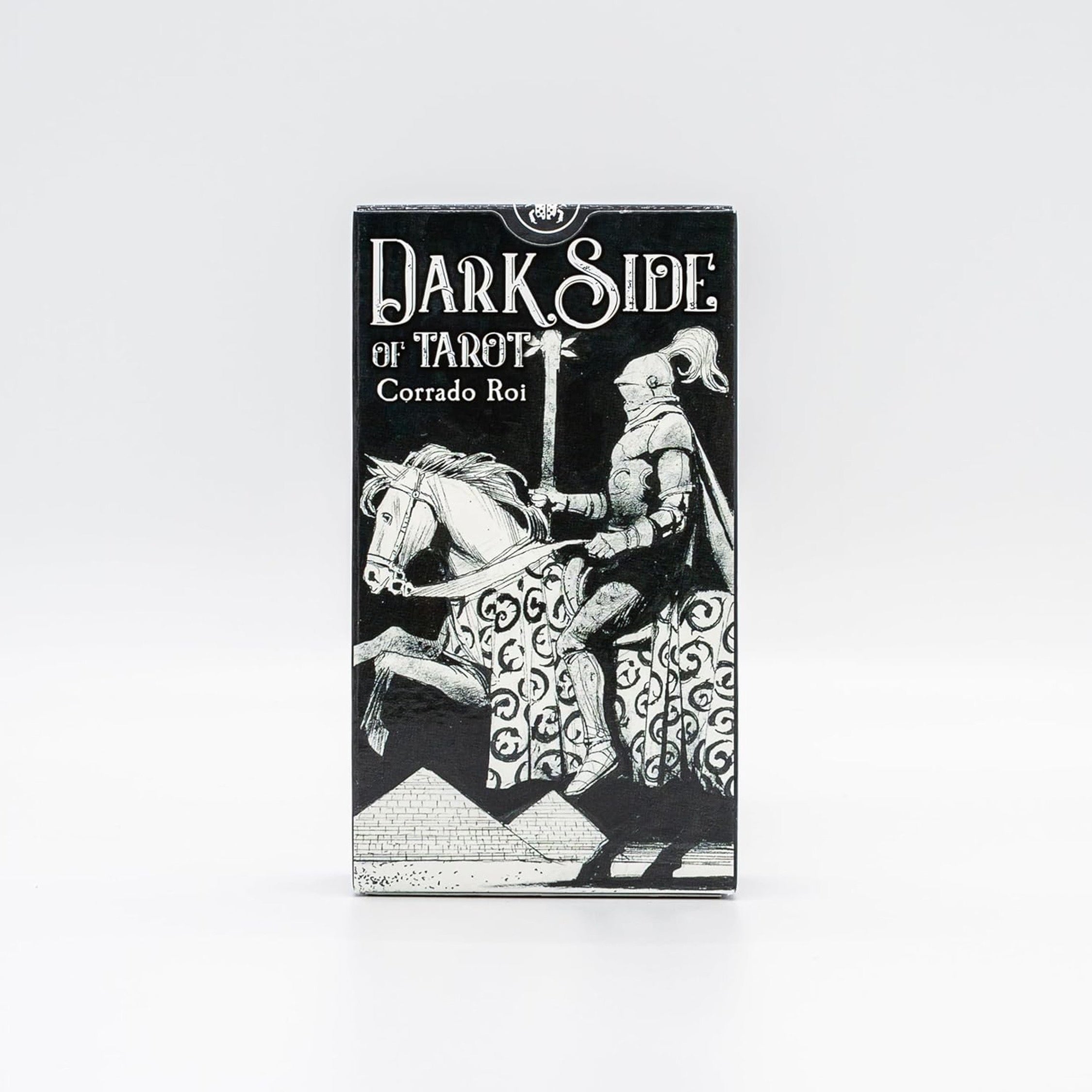 A deck of tarot cards in a black and white illustrated box featuring the title 'Dark Side of Tarot' and an illustration of a knight on a horse, shown against a plain light gray background.