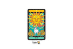 A tarot card product shown upright on a plain white background, featuring the Sun of Aries card design with a large yellow sun, teal geometric background, white goat, and sunflowers. The card has a black border and a visible Dragon Tarot logo beneath it.