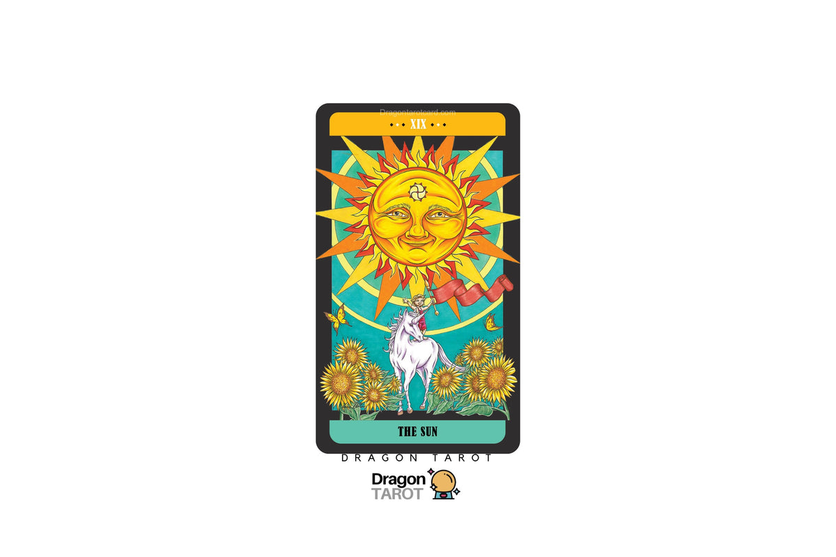 A tarot card product shown upright on a plain white background, featuring the Sun of Aries card design with a large yellow sun, teal geometric background, white goat, and sunflowers. The card has a black border and a visible Dragon Tarot logo beneath it.