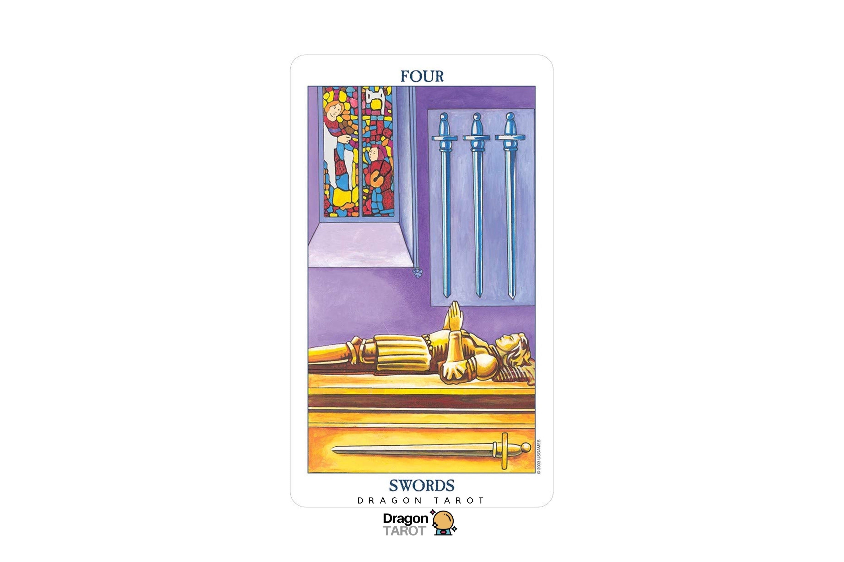 A tarot card labeled 'FOUR' with the title 'SWORDS', showing a purple interior scene with three blue swords hanging in a wall, a gold-toned chest, and a sword on a table. The card is centered on a light gray background, with a Dragon Tarot logo below.