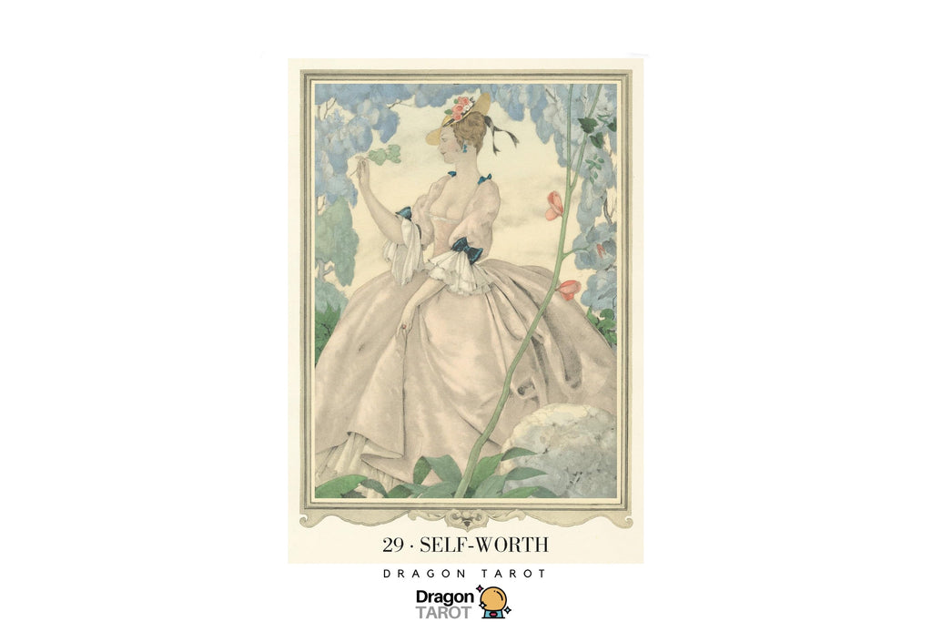A tarot card titled '29. SELF-WORTH' from the Dragon Tarot deck, featuring an Art Nouveau style illustration of a woman in a voluminous white gown with blue accents, set against a cream card background with decorative borders.