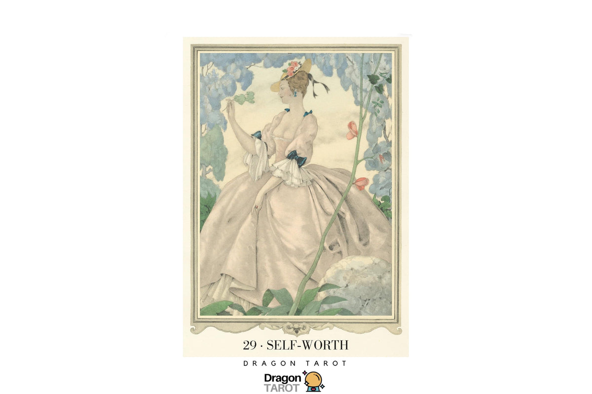 A tarot card titled '29. SELF-WORTH' from the Dragon Tarot deck, featuring an Art Nouveau style illustration of a woman in a voluminous white gown with blue accents, set against a cream card background with decorative borders.