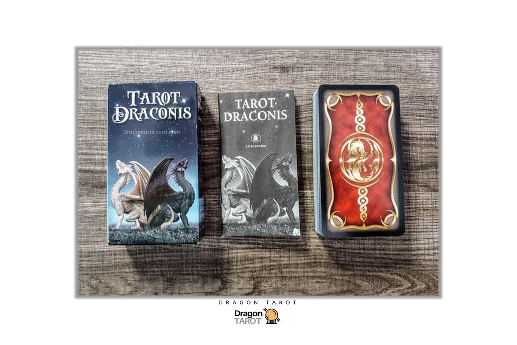 Three Dragon Tarot cards shown on a rustic wood background: the 'Tarot de Dracosis' deck box on the left, the 'Tarot de Dracosis' deck in the middle, and the red-backed card deck on the right. The Dragon Tarot logo is visible at the top and bottom of the image.
