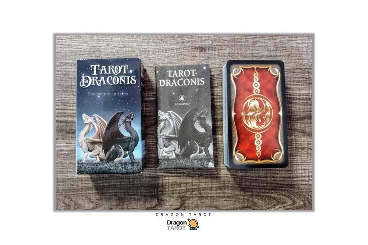 Three Dragon Tarot cards shown on a rustic wood background: the 'Tarot de Dracosis' deck box on the left, the 'Tarot de Dracosis' deck in the middle, and the red-backed card deck on the right. The Dragon Tarot logo is visible at the top and bottom of the image.