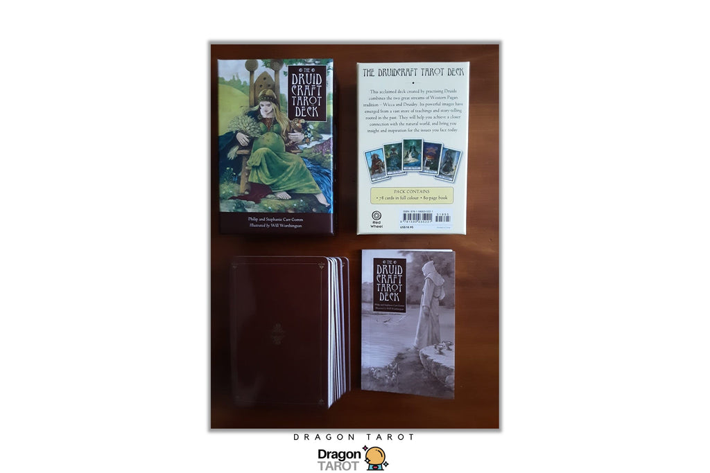 Dragon Tarot deck contents displayed on a dark wood background, including the front cover, back cover with product description, a sealed deck box, and an illustrated card booklet.