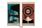 Two tarot card art prints shown side by side on a light gray background. The left card is labeled 'IX THE HERMIT' with a teal and black abstract illustration.