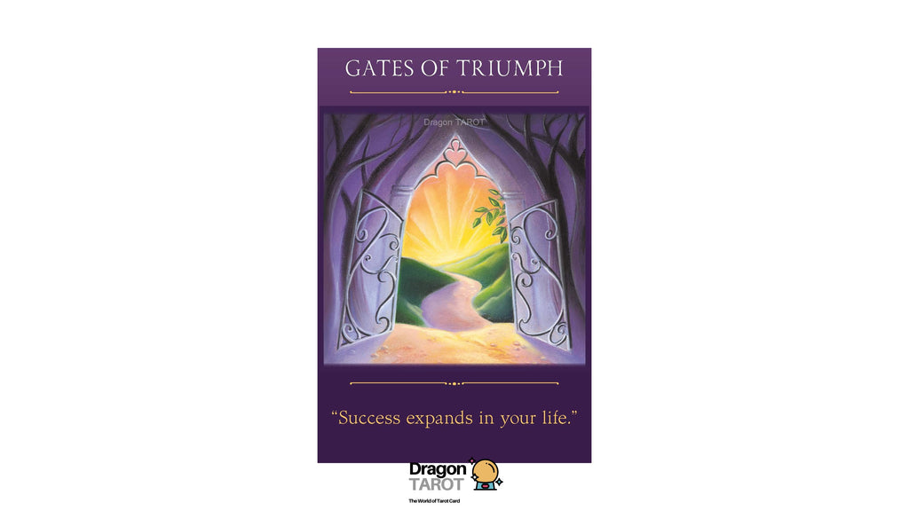 A tarot card titled 'GATES OF TRIUMPH' from the Dragon Tarot deck, featuring a purple border with an illustration of an arched gateway opening to a bright yellow and green landscape. The card is centered on a white background with the Dragon Tarot logo at the bottom.