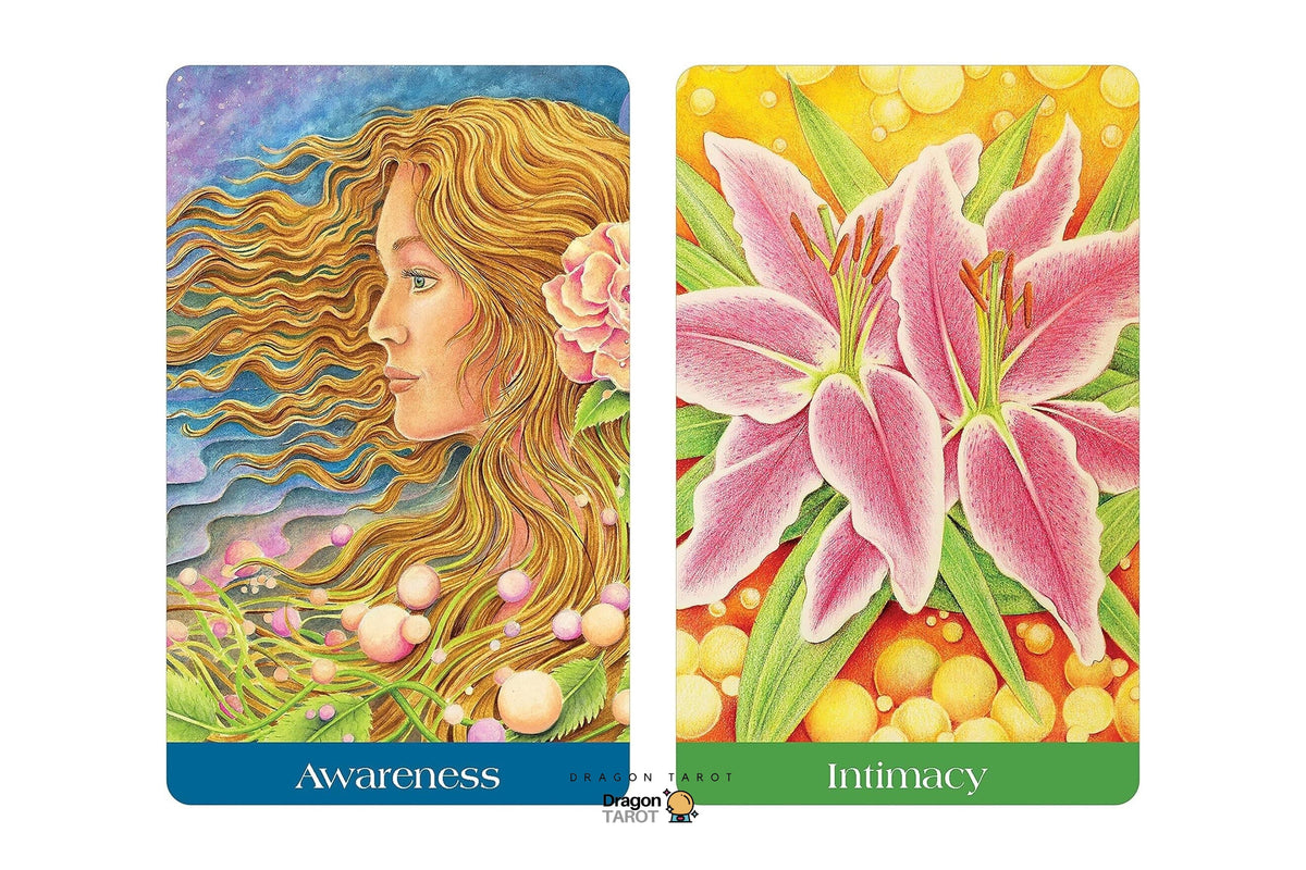 Two illustrated tarot-style cards shown side by side on a white background. The left card is labeled 'Awareness' and depicts a woman with flowing golden hair in a dreamy landscape.