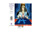 Front and back views of a tarot cloth set. The front features an illustration of a woman in a blue gown and veil with a starry blue table, set against dark blue curtains.