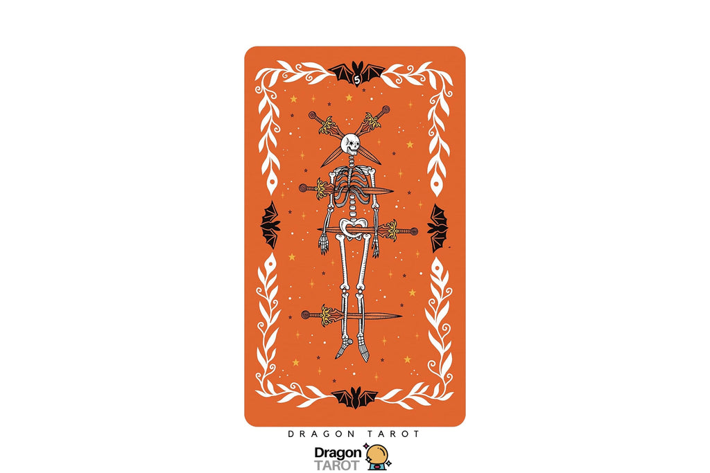 A tarot card featuring a skeleton holding swords, set against an orange background with a white decorative border. The card is labeled 'Dragon Tarot' at the bottom, with the Dragon Tarot logo visible below the card.