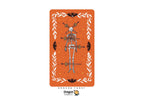 A tarot card featuring a skeleton holding swords, set against an orange background with a white decorative border. The card is labeled 'Dragon Tarot' at the bottom, with the Dragon Tarot logo visible below the card.