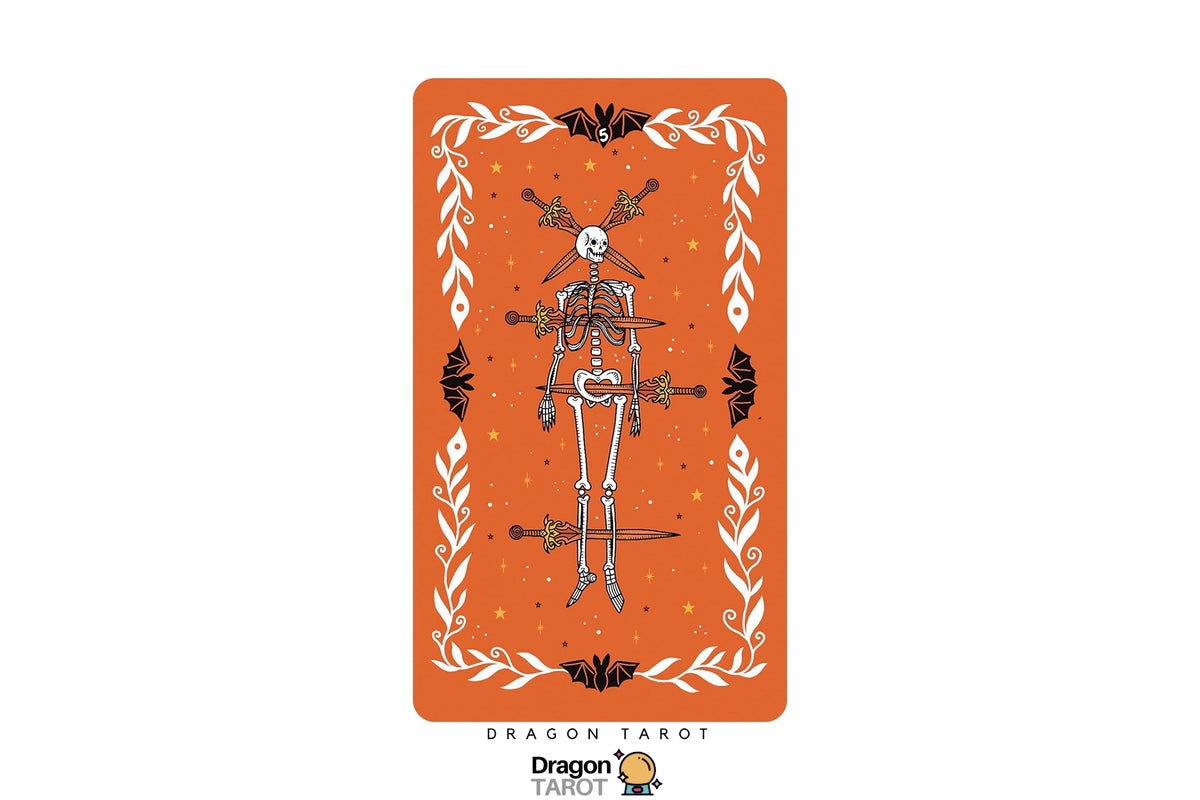 A tarot card featuring a skeleton holding swords, set against an orange background with a white decorative border. The card is labeled 'Dragon Tarot' at the bottom, with the Dragon Tarot logo visible below the card.