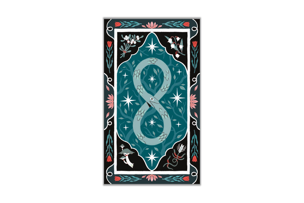 A vertical tarot card design featuring a large stylized number 8 in pale blue-green at the center, surrounded by teal, black, white, and coral floral and scroll motifs on a white page background.