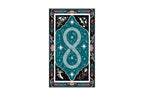 A vertical tarot card design featuring a large stylized number 8 in pale blue-green at the center, surrounded by teal, black, white, and coral floral and scroll motifs on a white page background.