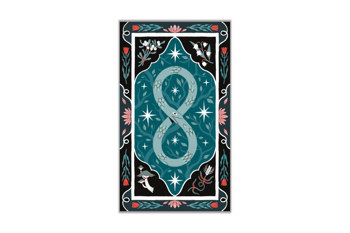 A vertical tarot card design featuring a large stylized number 8 in pale blue-green at the center, surrounded by teal, black, white, and coral floral and scroll motifs on a white page background.