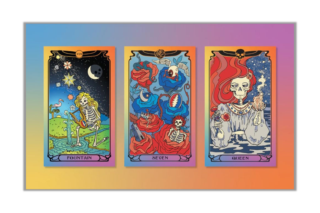 Three illustrated tarot-style cards are shown side by side on a pastel gradient background. The left card reads FOUNTAIN, the center reads SEVEN, and the right reads QUEEN.