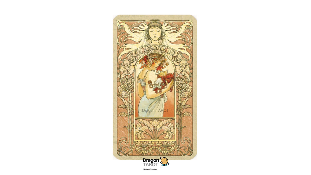 Dragon Tarot card featuring an Art Nouveau style illustration of a dragon with wings and a woman holding flowers, centered on a white background with a Dragon Tarot logo at the bottom.