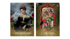 Two illustrated tarot-style cards shown side by side on a white background. The left card depicts a woman in dark clothing with a floral crown and rainbow, labeled '5 Patience, Assurance, Charisma.
