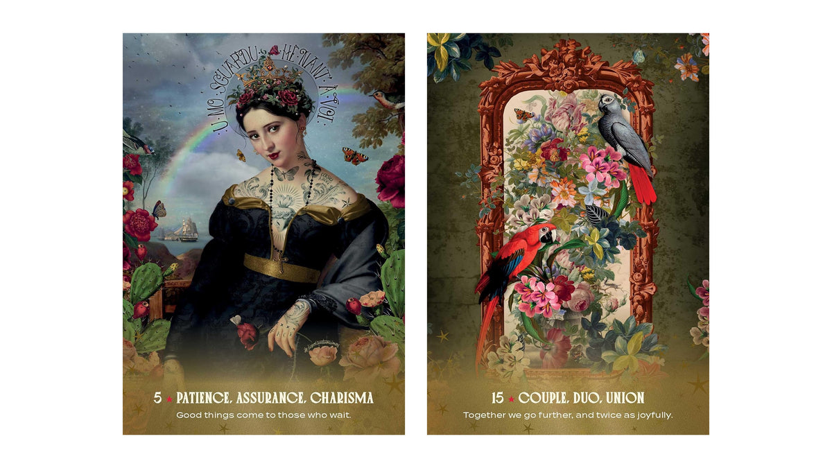 Two illustrated tarot-style cards shown side by side on a white background. The left card depicts a woman in dark clothing with a floral crown and rainbow, labeled '5 Patience, Assurance, Charisma.