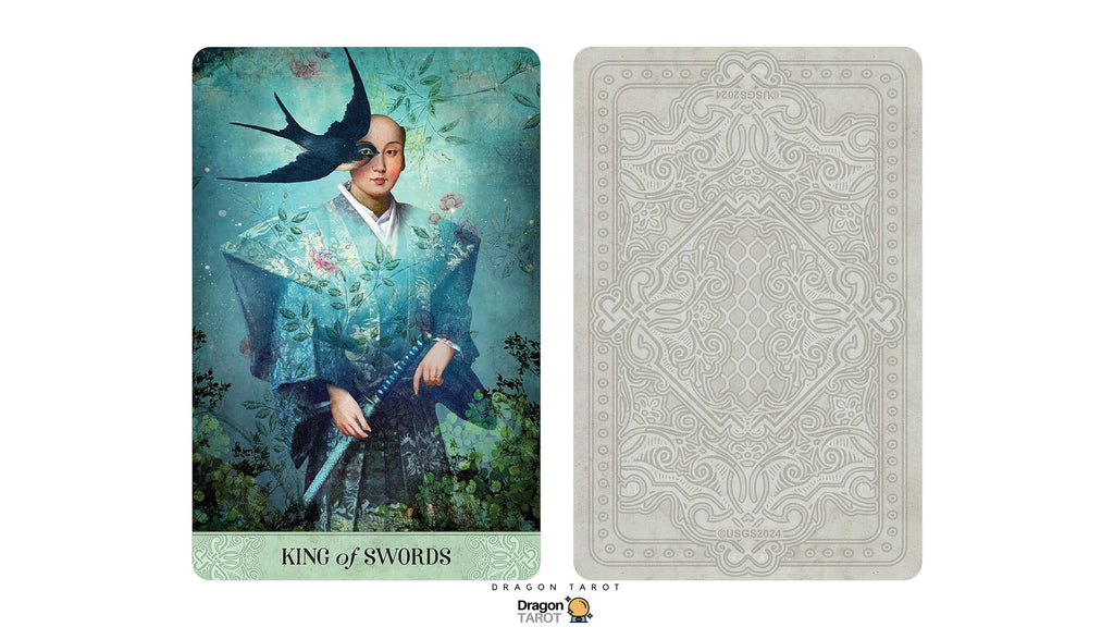 King of Swords tarot card shown upright alongside its ornate back design on a white background. The card features a stylized figure in blue-green robes with a sword hilt and a black bird above, with the text 'KING of SWORDS' at the bottom.