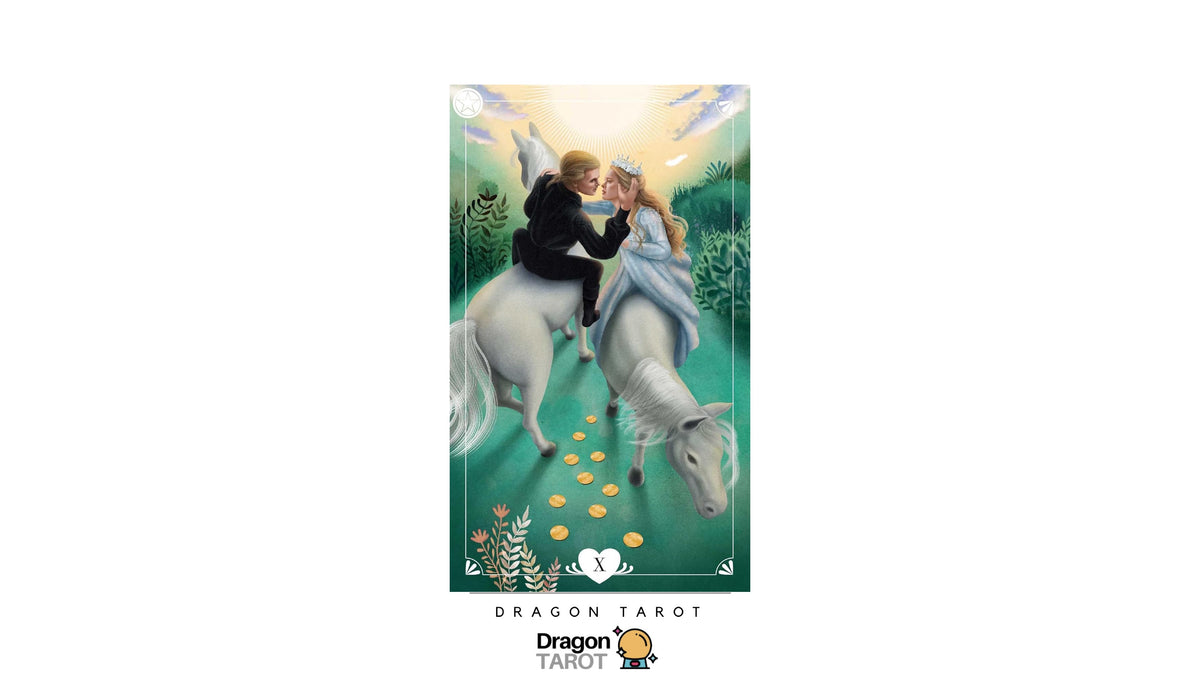 Dragon Tarot card illustration featuring a bride and groom riding white horses through a glowing green forest, with gold coins forming a path and a heart-shaped card suit symbol at the bottom. The card is centered on a white background with the Dragon Tarot logo underneath.