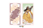 Two illustrated tarot cards shown side by side on a white background. The left card has a pale pink border and features a large mauve floral design over cream geometric shapes, with the text 'Dragon Tarot' and 'Nine of Laurels' near the bottom.
