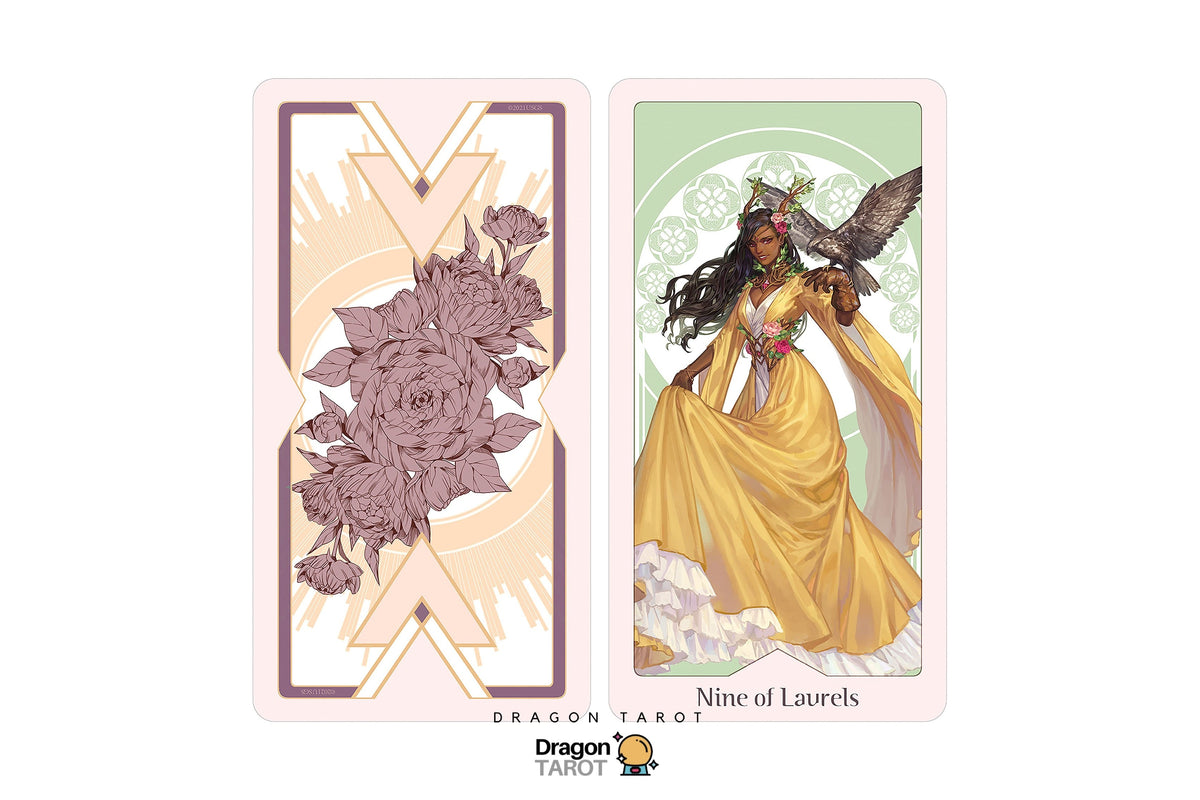 Two illustrated tarot cards shown side by side on a white background. The left card has a pale pink border and features a large mauve floral design over cream geometric shapes, with the text 'Dragon Tarot' and 'Nine of Laurels' near the bottom.