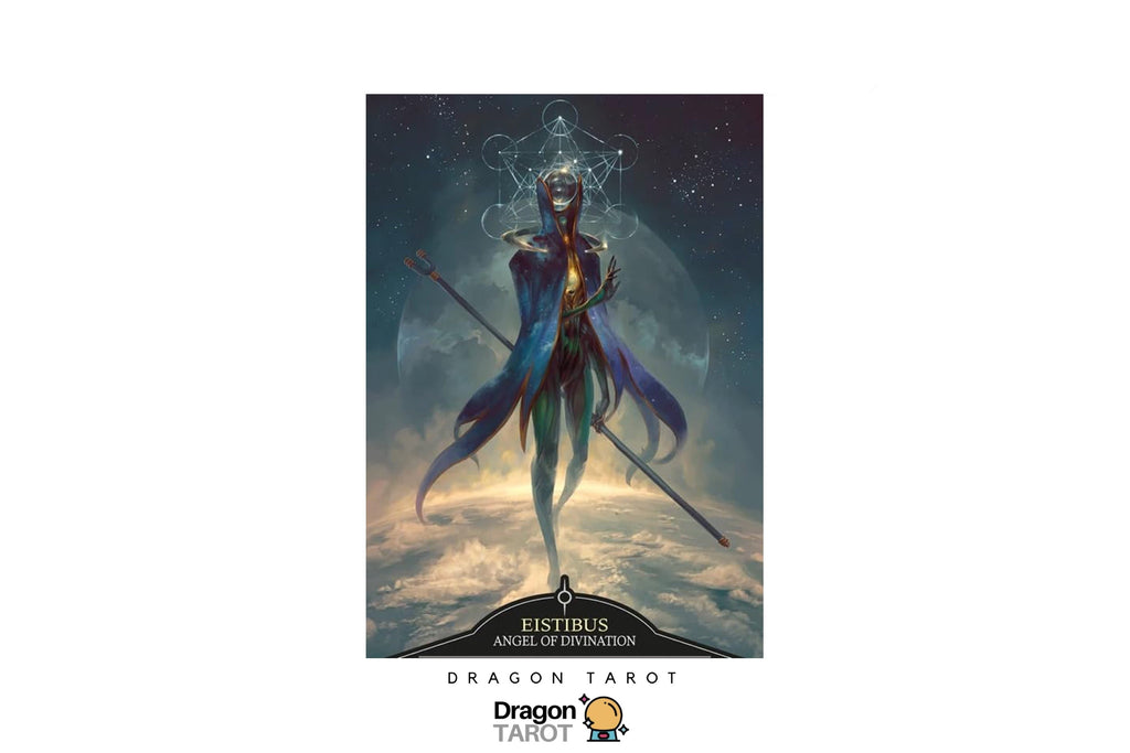 Dragon Tarot 'Eustorius' card featuring an illustration of a winged angel figure in a dark blue cloak standing on a glowing cloud-like ground under a starry sky. The card is centered on a white background with Dragon Tarot branding and social media icons at the top and bottom.