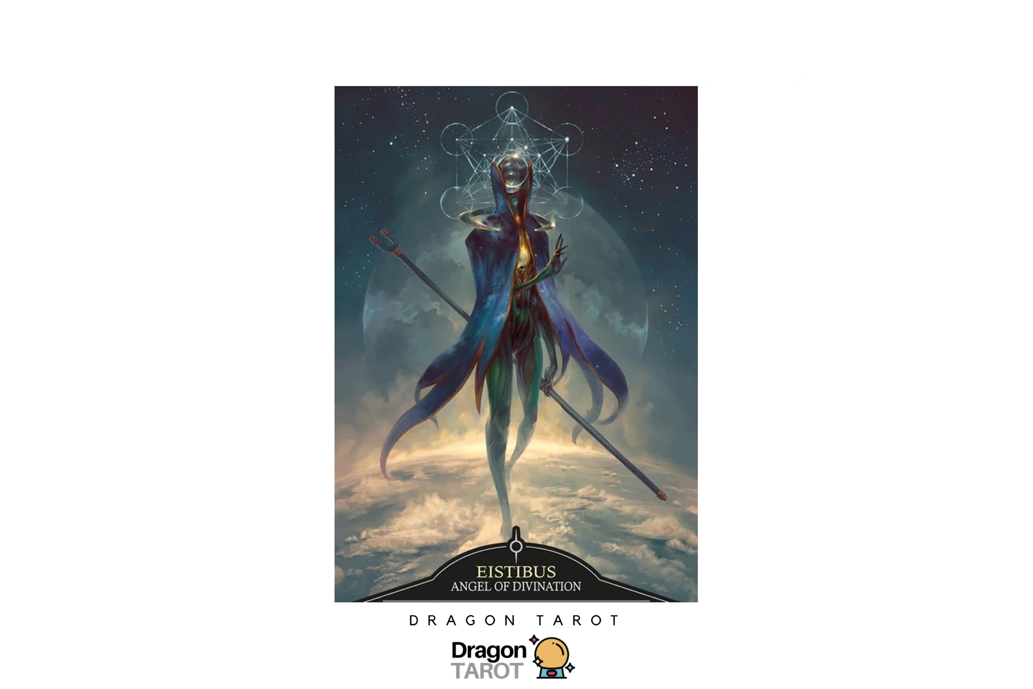 Dragon Tarot 'Eustorius' card featuring an illustration of a winged angel figure in a dark blue cloak standing on a glowing cloud-like ground under a starry sky. The card is centered on a white background with Dragon Tarot branding and social media icons at the top and bottom.