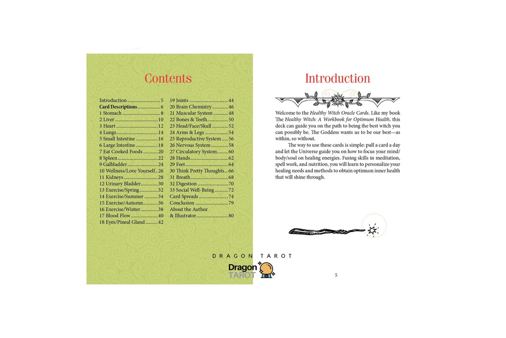 A flat lay of a Dragon Tarot booklet showing the table of contents page on the left and the introduction page on the right, with a green cover and printed text.