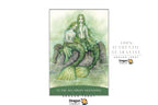 Dragon Tarot card titled '32. The Sea-Green Friendship' featuring an illustration of two mermaids with green tails and hair, set against a light green background.