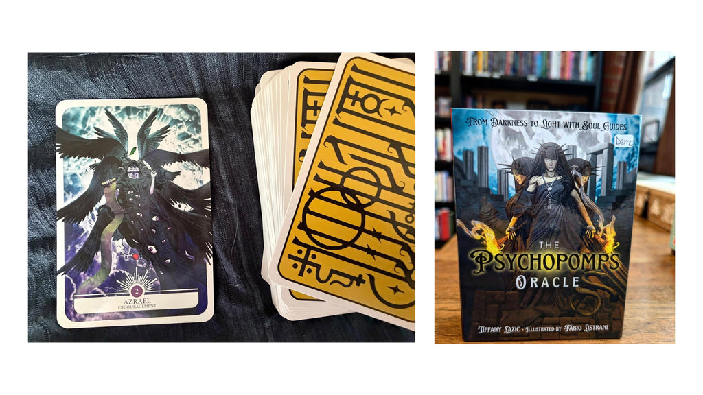 A split-screen view showing a deck of oracle cards and the 'PsychoPoms Oracle' box. The left side shows a single card with a raven illustration labeled 'Aesop' on a dark textured surface, with a fanned deck of cards in the middle.