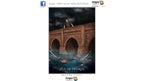 A Dragon Tarot 'Five of Swords' tarot card illustration featuring a dark scene of a figure standing on a stone bridge over water with swords in the air, centered on a white background with Dragon Tarot branding.