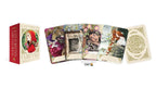 Kate Forsyth's Fairy Tale Oracle card deck shown with its illustrated box on the left and several fanned-out cards on the right, plus one card face displaying an ornate gold pattern. The cards feature whimsical fairy tale illustrations including a red-haired girl, a sleeping princess, and a woman by a river.