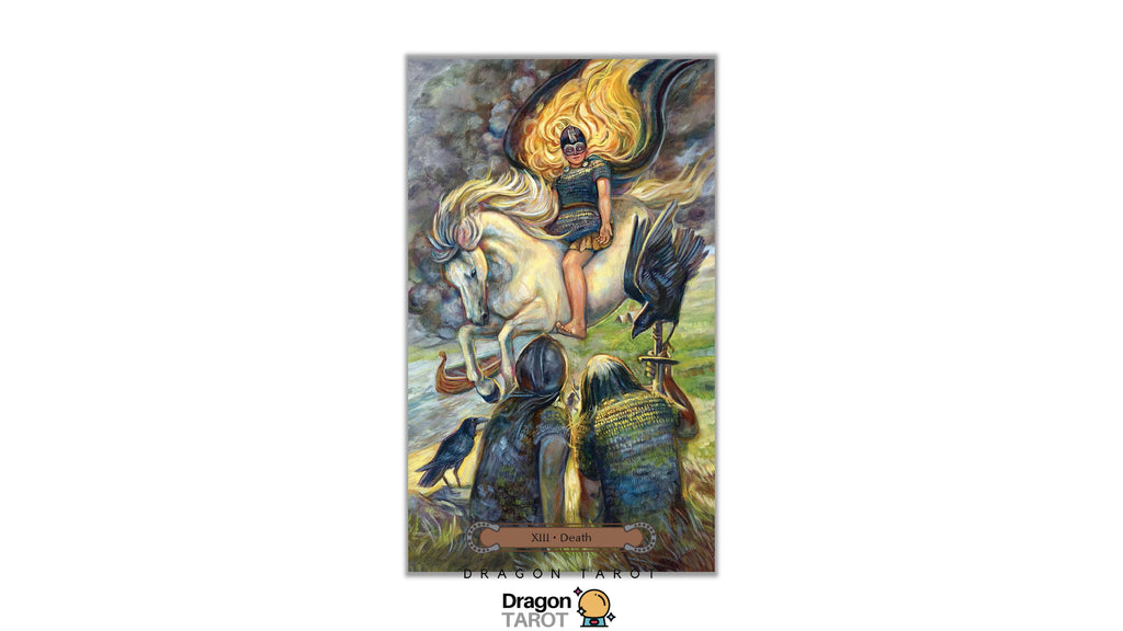 A tarot card illustration titled 'Death' (XIII C - Death) from the Dragon Tarot deck, featuring a warrior on a white horse with a flaming helmet, set against a dark background with crows. The card is centered on a white canvas with the 'Dragon Tarot' logo at the bottom.