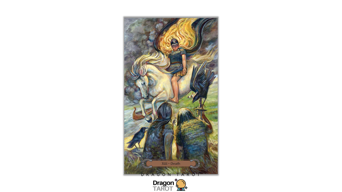 A tarot card illustration titled 'Death' (XIII C - Death) from the Dragon Tarot deck, featuring a warrior on a white horse with a flaming helmet, set against a dark background with crows. The card is centered on a white canvas with the 'Dragon Tarot' logo at the bottom.