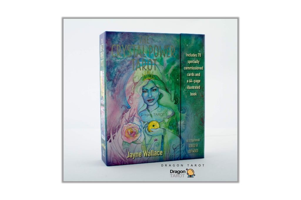 The Crystal Power Tarot deck box by Jayne Wallace, featuring a colorful illustrated cover with a woman's face and mystical imagery, shown on a light gray background with a Dragon Tarot logo at the bottom.