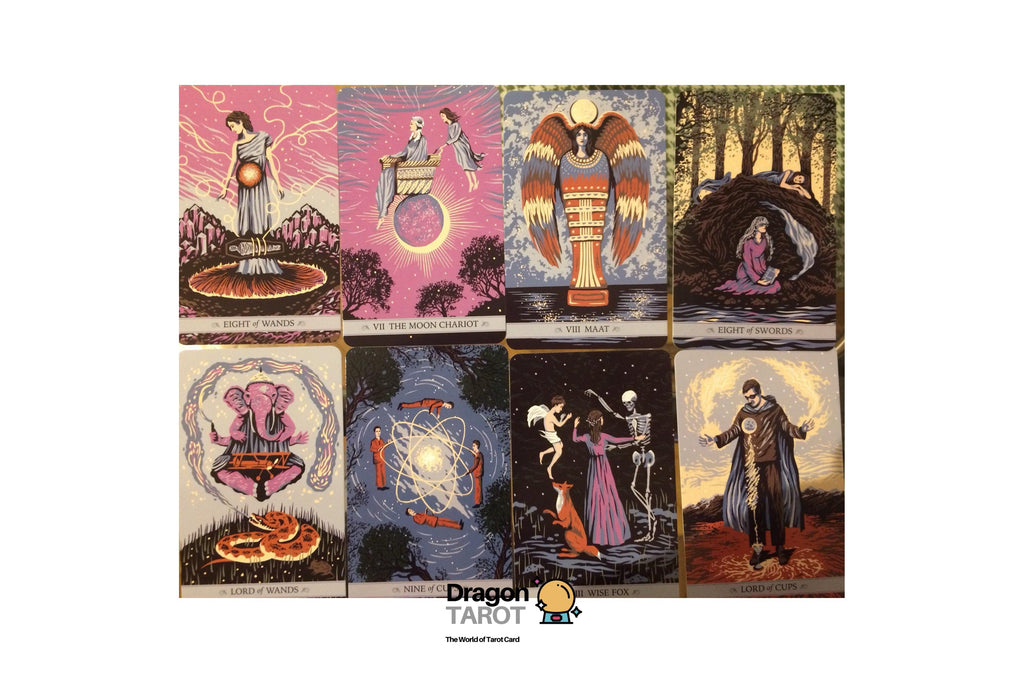 A set of illustrated tarot cards arranged in a 2x4 grid on a white background, with a Dragon Tarot logo at the bottom center. The cards feature whimsical, colorful fantasy and mystical artwork with pink, gold, blue, green, and dark tones.