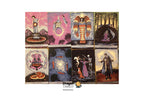 A set of illustrated tarot cards arranged in a 2x4 grid on a white background, with a Dragon Tarot logo at the bottom center. The cards feature whimsical, colorful fantasy and mystical artwork with pink, gold, blue, green, and dark tones.