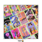 A square tarot card deck or art print featuring a collage of colorful illustrated cards with Japanese and Western-style designs, shown on a white background with a Dragon Tattoo logo at the bottom.