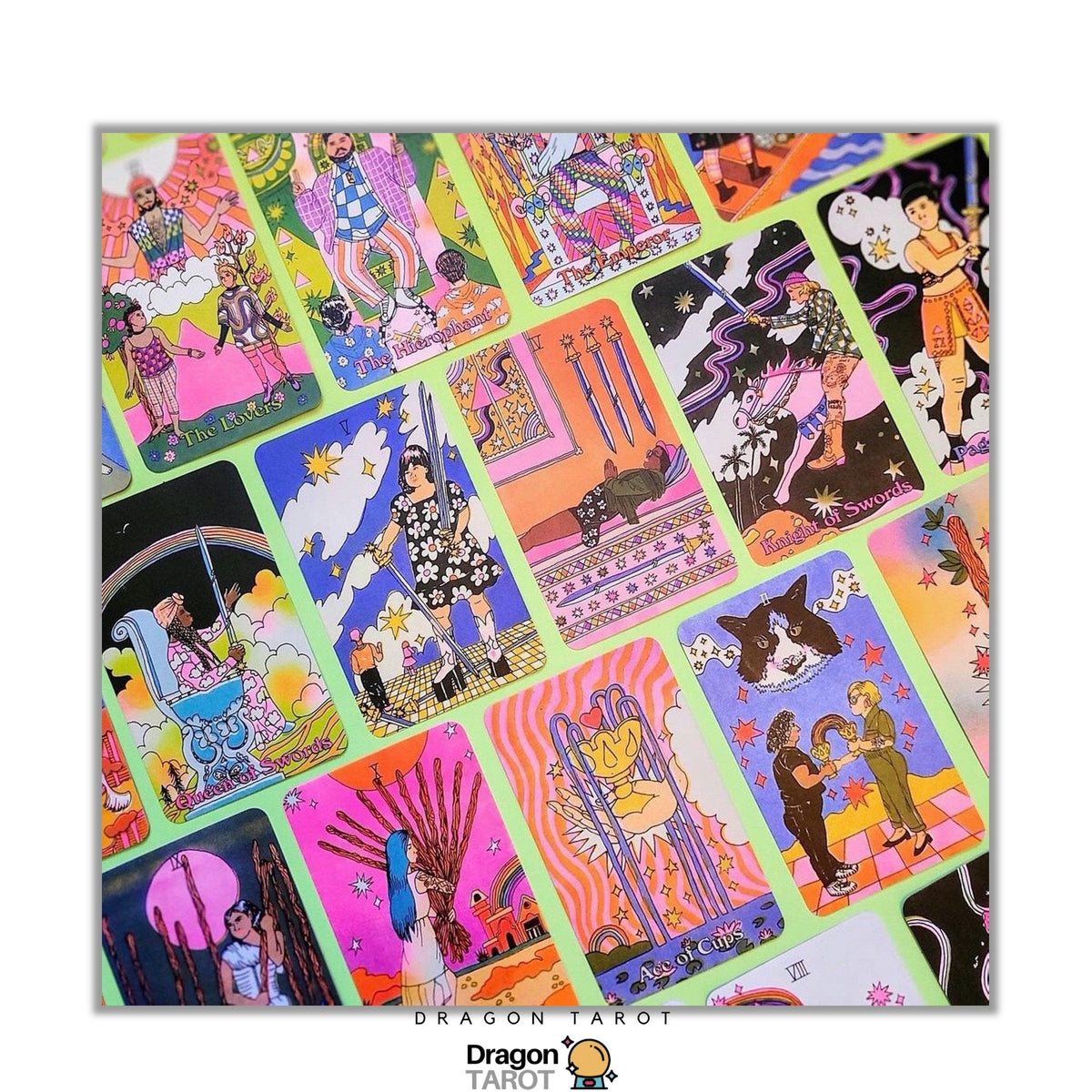 A square tarot card deck or art print featuring a collage of colorful illustrated cards with Japanese and Western-style designs, shown on a white background with a Dragon Tattoo logo at the bottom.