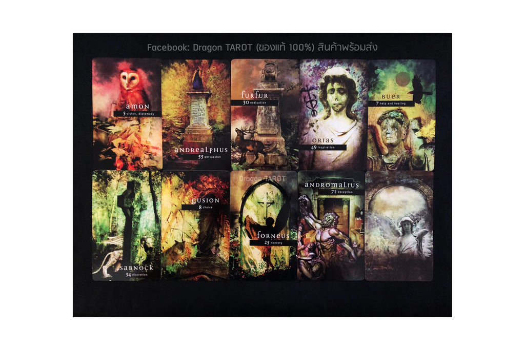 A 3x3 grid of dark, gothic tarot card illustrations with Thai text at the top, displayed on a black background.