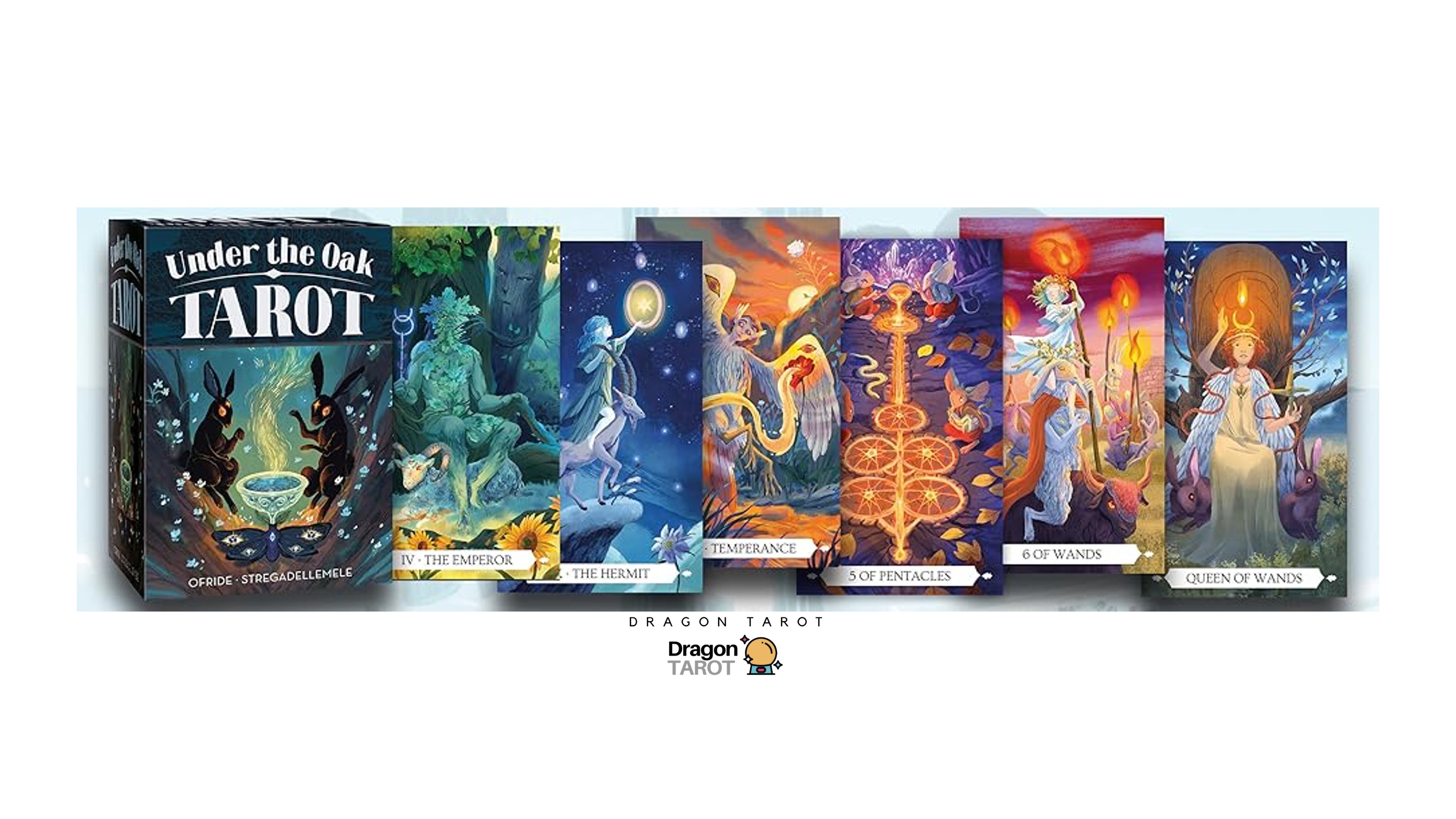 A tarot card deck set displayed against a white background, featuring the main 'Under the Oak Tarot' box and five illustrated cards: The Fairy, The Beast, The Wheel of Change, Isis Wanda, and Queen of Wisdom. The Dragon Tarot logo is visible below.