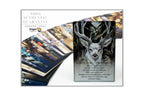A Dragon Tarot deck box shown open with several illustrated cards fanned out beside it, on a white background. The front card features a dark deer illustration with the title 'North Star - Protection.