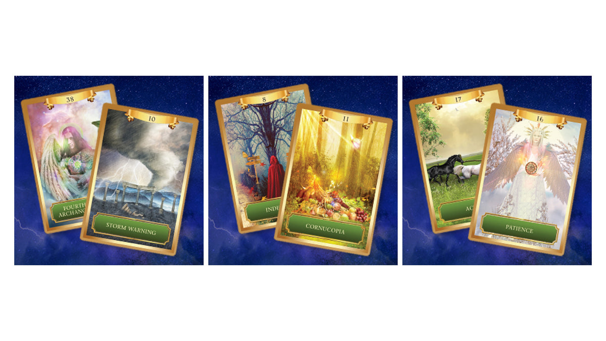 Three sets of illustrated oracle or tarot-style cards displayed side by side against a dark blue starry background. Each set shows two overlapping cards with gold borders and fantasy artwork: a pink angel card, a stormy blue card, a forest tree card, a glowing forest fire card, a green landscape card, and a white angel card.