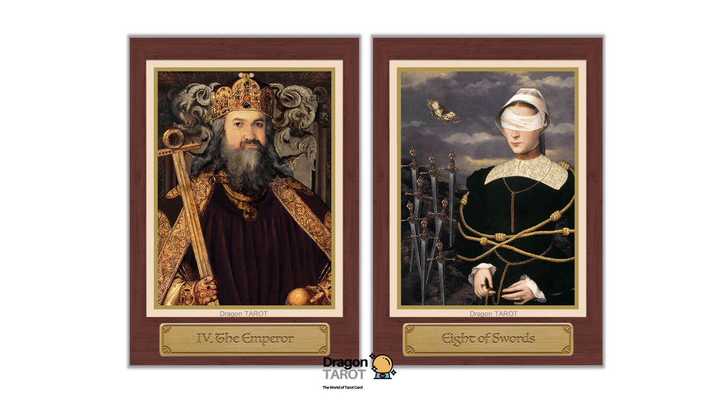 A set of two framed tarot art prints side by side on a white background. The left print is titled 'IV.