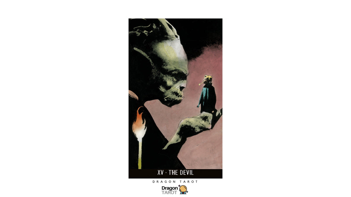 Dragon Tarot card deck box cover art for 'XV - The Devil', featuring a dark illustration of a horned demon face and hand with a small figure and candle, shown on a white background with Dragon Tarot branding.